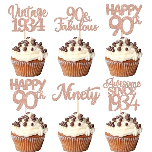 30 Stück Vintage 1934 Cupcake Toppers Glitzer Happy 90th Geburtstag Tortendeko Cheers to 90 Fabulous Ninety Kuchen Deko für 90th Geburtstag Hochzeit Jahrestag Party Rosegold von SYKYCTCY