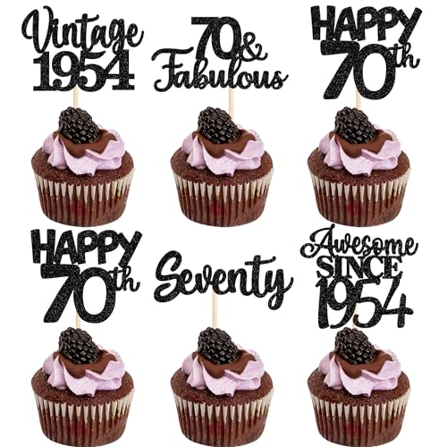 30 Stück Vintage 1954 Cupcake Toppers Glitzer Happy 70th Geburtstag Tortendeko Cheers to 70 Fabulous Seventy Kuchen Deko für 70th Geburtstag Hochzeit Jahrestag Party Schwarz von SYKYCTCY