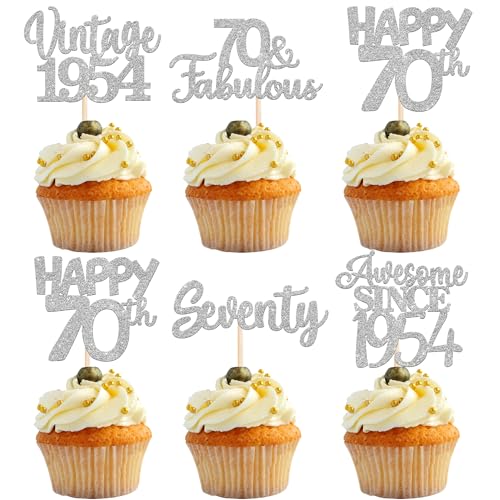 30 Stück Vintage 1954 Cupcake Toppers Glitzer Happy 70th Geburtstag Tortendeko Cheers to 70 Fabulous Seventy Kuchen Deko für 70th Geburtstag Hochzeit Jahrestag Party Silber von SYKYCTCY