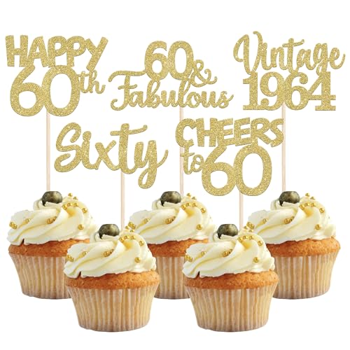 30 Stück Vintage 1964 Cupcake Toppers Glitzer Happy 60th Geburtstag Tortendeko Cheers to 60 Fabulous Sixty Kuchen Deko für 60th Geburtstag Hochzeit Jahrestag Party Gold von SYKYCTCY