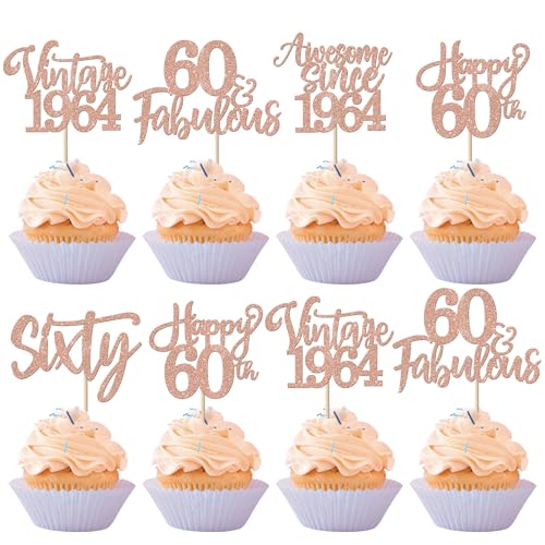 30 Stück Vintage 1964 Tortendeko Glitzer Happy 60th Sixty Awesome Since 1964 Cupcake Toppers 60 Fabulous Kuchen Deko für 60. Geburtstag Hochzeitstag Party Kuchen Dekorationen Rosegold von SYKYCTCY