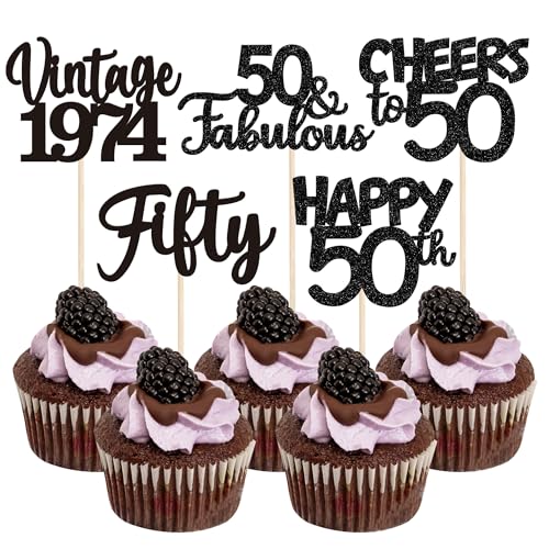 30 Stück Vintage 1974 Cupcake Toppers Glitzer Happy 50th Geburtstag Tortendeko Cheers to 50 Fabulous Fifty Kuchen Deko für 50th Geburtstag Hochzeit Jahrestag Party Schwarz von SYKYCTCY