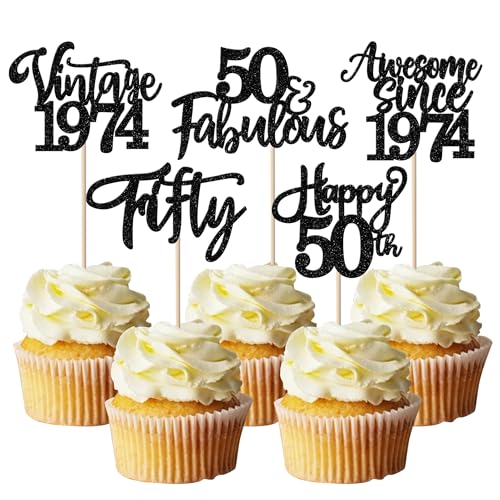 30 Stück Vintage 1974 Tortendeko Glitzer Happy 50th Fifty Awesome Since 1974 Cupcake Toppers 50 Fabulous Kuchen Deko für 50. Geburtstag Hochzeitstag Party Kuchen Dekorationen Schwarz von SYKYCTCY