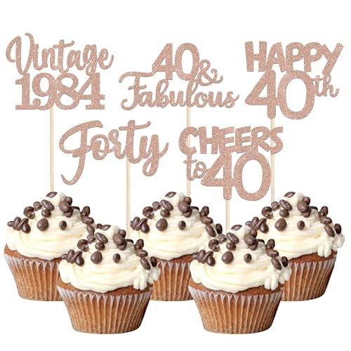 30 Stück Vintage 1984 Cupcake Toppers Glitzer Happy 40th Geburtstag Tortendeko Cheers to 40 Fabulous Forty Kuchen Deko für 40th Geburtstag Hochzeit Jahrestag Party Rosegold von SYKYCTCY