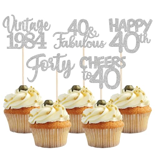 30 Stück Vintage 1984 Cupcake Toppers Glitzer Happy 40th Geburtstag Tortendeko Cheers to 40 Fabulous Forty Kuchen Deko für 40th Geburtstag Hochzeit Jahrestag Party Silber von SYKYCTCY