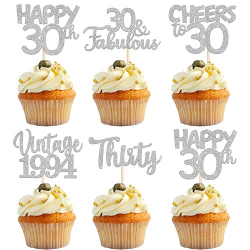 30 Stück Vintage 1994 Cupcake Toppers Glitzer Happy 30th Geburtstag Tortendeko Cheers to 30 Fabulous Thirty Kuchen Deko für 30th Geburtstag Hochzeit Jahrestag Party Silber von SYKYCTCY