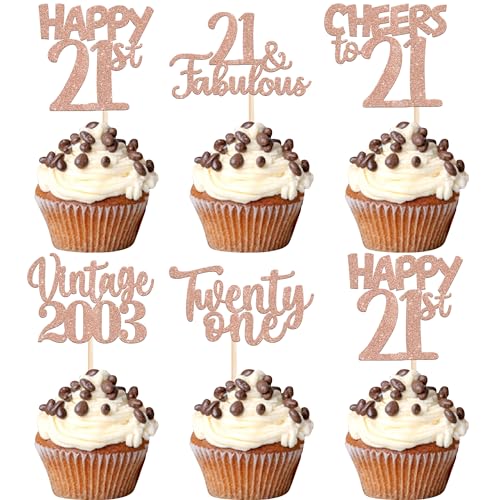 30 Stück Vintage 2003 Cupcake Toppers Glitzer Happy 21st Geburtstag Tortendeko Cheers to 21 Fabulous Twenty One Kuchen Deko für 21st Geburtstag Hochzeit Jahrestag Party Rosegold von SYKYCTCY