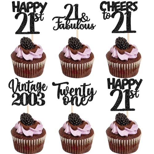 30 Stück Vintage 2003 Cupcake Toppers Glitzer Happy 21st Geburtstag Tortendeko Cheers to 21 Fabulous Twenty One Kuchen Deko für 21st Geburtstag Hochzeit Jahrestag Party Schwarz von SYKYCTCY