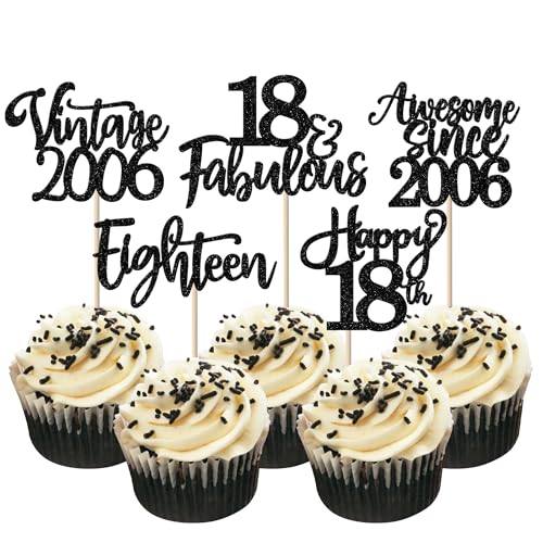 30 Stück Vintage 2006 Tortendeko Glitzer Happy 18th Eighteen Awesome Since 2006 Cupcake Toppers 18 Fabulous Kuchen Deko für 18. Geburtstag Hochzeitstag Party Kuchen Dekorationen Schwarz von SYKYCTCY