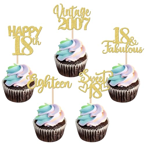 30 Stück Vintage 2007 Cupcake Toppers Glitzer Happy 18th Geburtstag Tortendeko Cheers to 18 Fabulous Eighteen Kuchen Deko für 18th Geburtstag Hochzeit Jahrestag Party Gold von SYKYCTCY