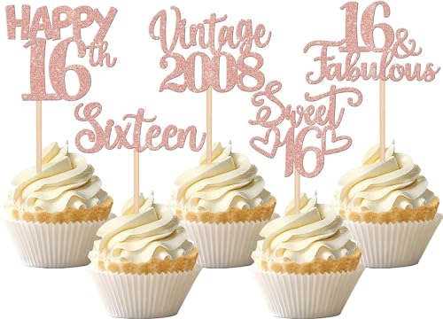 30 Stück Vintage 2008 Cupcake Toppers Glitzer Happy 16th Geburtstag Tortendeko Sweet 16 Fabulous Sixteen Kuchen Deko für 16th Geburtstag Hochzeit Jahrestag Party Rosegold von SYKYCTCY