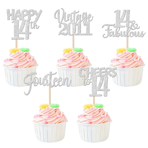 30 Stück Vintage 2011 Cupcake Toppers Glitzer Happy 14th Geburtstag Tortendeko Cheers to 14 Fabulous Fourteen Kuchen Deko für 14th Geburtstag Hochzeit Jahrestag Party Silber von SYKYCTCY