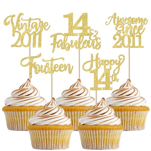 30 Stück Vintage 2011 Tortendeko Glitzer Happy 14th Fourteen Awesome Since 2011 Cupcake Toppers 14 Fabulous Kuchen Deko für 14. Geburtstag Hochzeitstag Party Kuchen Dekorationen Gold von SYKYCTCY