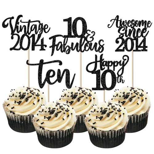 30 Stück Vintage 2014 Tortendeko Glitzer Happy 10th Ten Awesome Since 2014 Cupcake Toppers 10 Fabulous Kuchen Deko für 10. Geburtstag Hochzeitstag Party Kuchen Dekorationen Schwarz von SYKYCTCY