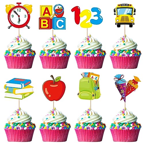 32 Stück Back to School Cupcake Toppers 8 Designs Erster Schultag Tortendeko Alphabet Wecker Schule Tasche Kuchen Deko für Willkommen zurück zu Schule Thema Party Cupcake Dekorationen von SYKYCTCY