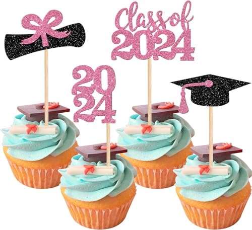 36 Stück Class of 2024 Tortendeko 2024 Abschluss Cupcake Toppers Glitzer Graduation Diploma Grad Kuchen Deko for 2024 Jungen Mädchen Abschluss Thema Party Kuchen Dekoration Schwarz Rosa von SYKYCTCY