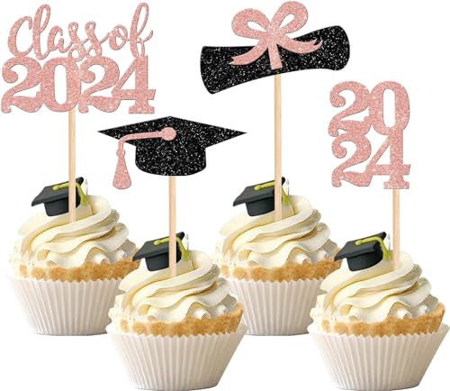 36 Stück Class of 2024 Tortendeko 2024 Abschluss Cupcake Toppers Glitzer Graduation Diploma Grad Kuchen Deko for 2024 Jungen Mädchen Abschluss Thema Party Kuchen Dekoration Schwarz Rosegold von SYKYCTCY