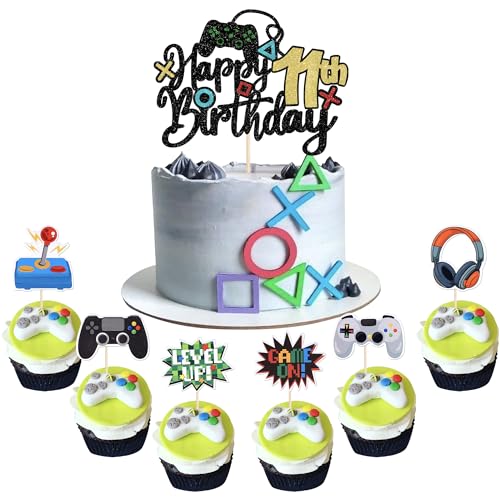 37 Stück Happy 11th Birthday Tortendeko Glitzer Videospiel Kuchen Deko Spiel auf Controller Prost auf 11 Jahre Cupcake Toppers für Gaming Thema Jungen Mädchen 11th Geburtstag Party Kuchen Dekorationen von SYKYCTCY