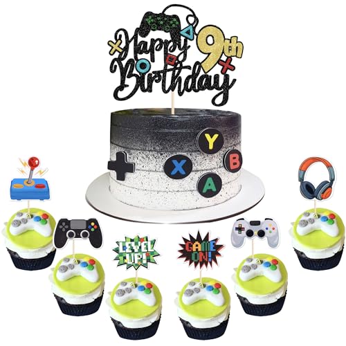 37 Stück Happy 9th Birthday Tortendeko Glitzer Videospiel Kuchen Deko Spiel auf Controller Prost auf 9 Jahre Cupcake Toppers für Gaming Thema Jungen Mädchen 9th Geburtstag Party Kuchen Dekorationen von SYKYCTCY