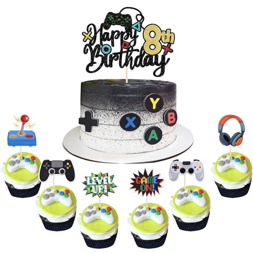 37 Stück Videospiel Happy 8th Birthday Cupcake Toppers Glitzer Videospiel Tortendeko Spielkonsolen Kuchen Deko für Gaming Thema Jungen Mädchen 8th Geburtstag Party Kuchen Dekorationen von SYKYCTCY