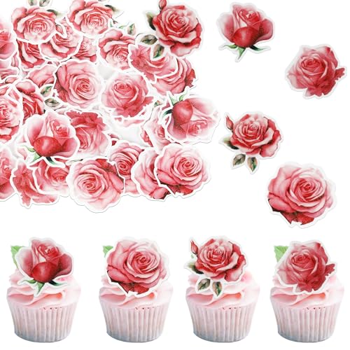 40 Stück Essbar Rosenblüten Cupcake Toppers Rosenblume Tortendeko Reis Papier Waffel Papier Kuchen Deko für Rosa Blume Thema Baby Dusche Braut Dusche Kinder Geburtstag Party Kuchen Dekorationen Rosa von SYKYCTCY