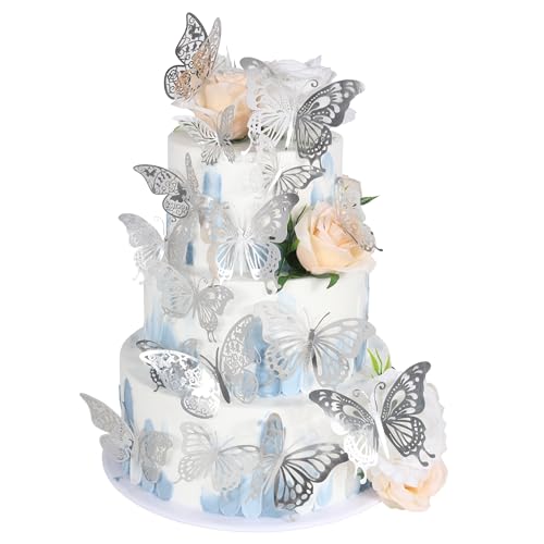 42 Stück Schmetterling Tortendeko 3D DIY Schmetterling Cupcake Toppers Lebendige Butterfly Kuchen Deko für Baby Dusche Hochzeit Jahrestag Geburtstag Party Kuchen Dekoendeko Silber von SYKYCTCY