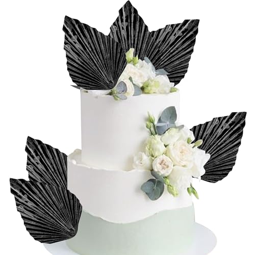 6 Stück Papier Palmen Fächer Kuchen Deko Palme Fan Tortendeko Handwerk DIY Fan Cupcake Toppers Palme Speer Blätter Cake Toppers für Hochzeit Geburtstag Party Kuchen Dekoration Knall Schwarz von SYKYCTCY