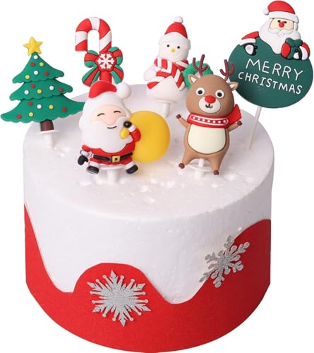 6 Stück Weihnachtsmann Claus Frohe Weihnachten Tortendeko Harz kleine Figur Stock Schneemann Hirsch Weihnachts Baum Kuchen Deko für Merry Christmas Theme Holiday Party Kuchen Dekorationen von SYKYCTCY