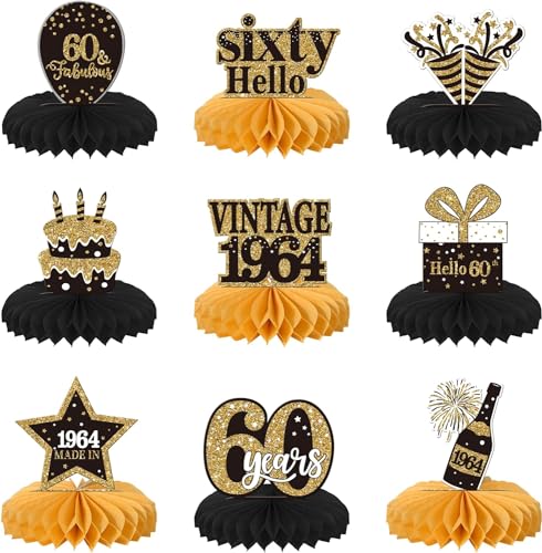 SYKYCTCY 9 Stück 60th Geburtstag Tischdeko Vintage 1964 Schwarz Gold Tischdeko Sixty Hello 60 Wabe Dekorationen für Männer Frauen 60. Geburtstag Thema Party Dekorationen von SYKYCTCY