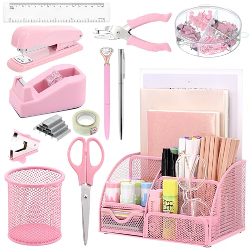 SYMDROMIA 13-in-1 Schreibtisch-Organizer und Zubehör mit Stifthalter, Hefter, Klebebandspender, Schere, Lineal, Locher, Bürobedarf und Schreibtischsets, Organisation für Frauen, Büro, Schule, Zuhause von SYMDROMIA