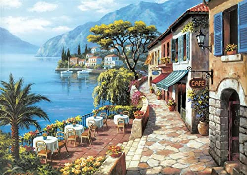 SYMON Kreuzstich-Set, Kreuzstich, Motiv: Café am Meer, 11 ct Leinwand, Kreuzstich, Anfänger, Kreuzstich, bedruckt, 40 x 50 cm von SYMON