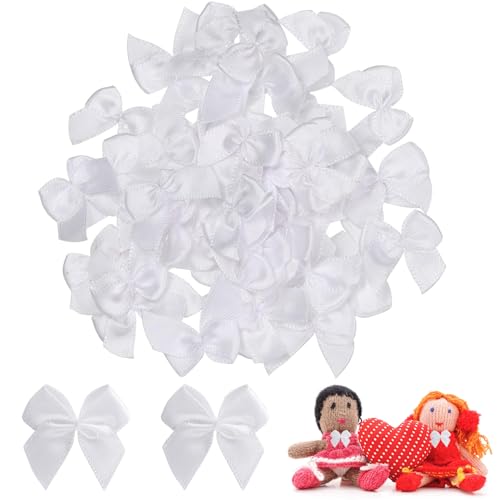 100 Stück Schleifen,Mini Schleife,Mini Stoff Satinschleife,Kleine Satinschleifen Haar-Accessoire,Weiß Mini Schleife,Einfarbig Geschenkschleife,für Handwerk Basteln Nähen Hochzeit Geburtstag Party von SYQZMYA