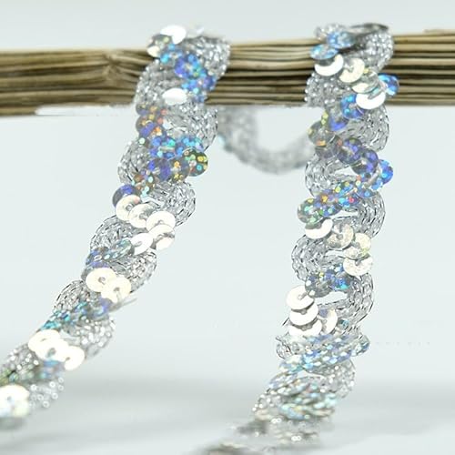 1.8cm * 12m Glänzend Geflochten Zierband Paillettenband Paillettenschnur Flache Glitzerband Borten Pailletten Bänder Paillettenrolle für Nähen,Schmuck Machen,Basteln, Kleid Dekorieren-Hell Gold von SYSUII