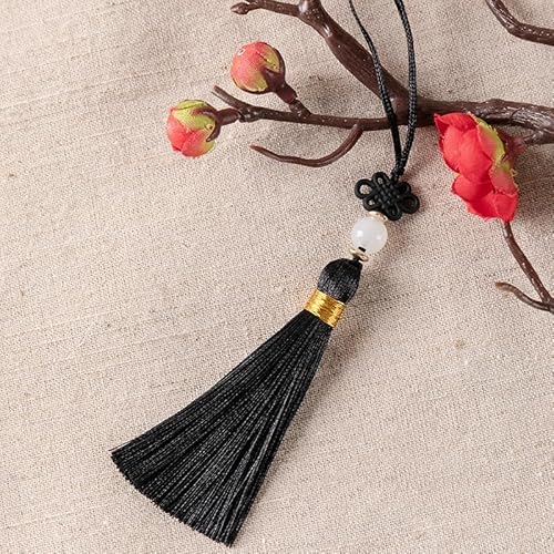 10 Stücke Mini Quasten,Handgemachte Seidige Quaste Schlüsselanhänger mit Perlen Lesezeichen Quaste Anhänger Kleinen Chinesischen Knoten für DIY Schmuck Ohrring Basteln Schlüsselanhänger -Schwarz von SYSUII