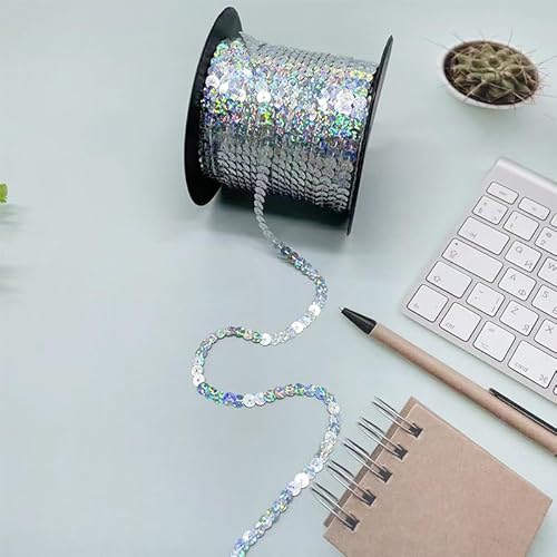 100 Yard Elastische Pailletten Trim 6mm Paillettenband Flache Glitzerband Borten Paillettenborte Paillettenschnur für DIY NäHen KostüMe Handwerk Verzierungen Schmuckherstellung-Glitter Silber von SYSUII