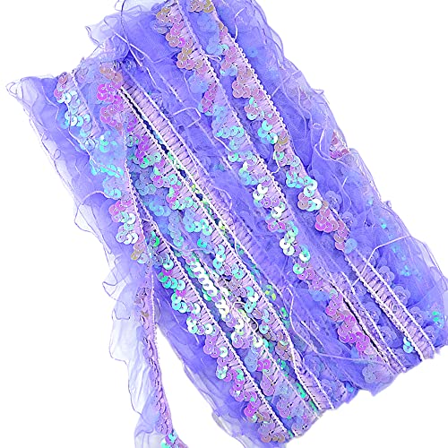 12 Yards Organza-Spitzenborte Paillettenband Glitzer Spitzenband Spitzenborte 3cm Breite Gerafftes Rüschen Chiffonband Stoff Dekoband zum DIY Nähen,bestickte Applikation,Rock Kostüme Deko -Lila von SYSUII