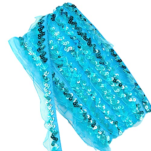 12 Yards Organza-Spitzenborte Paillettenband Glitzer Spitzenband Spitzenborte 3cm Breite Gerafftes Rüschen Chiffonband Stoff Dekoband zum DIY Nähen,bestickte Applikation,Rock Kostüme Deko -hellblau von SYSUII