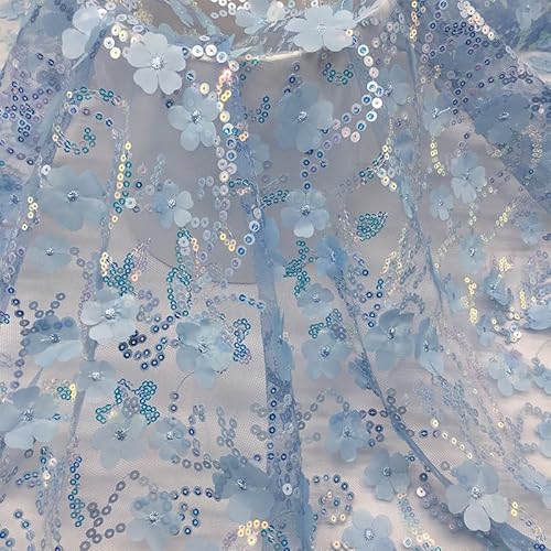 130cm x 1 Yard Pailletten-Stoff Meterware Sparkly Stoff glitzernder Stoff 3D-Pailletten-Blumen Glitzer Garn Tüll Deko Stoffe Glitzertüllstoff für DIY Kleidung Hochzeit Kleid Dekoration-Blau von SYSUII