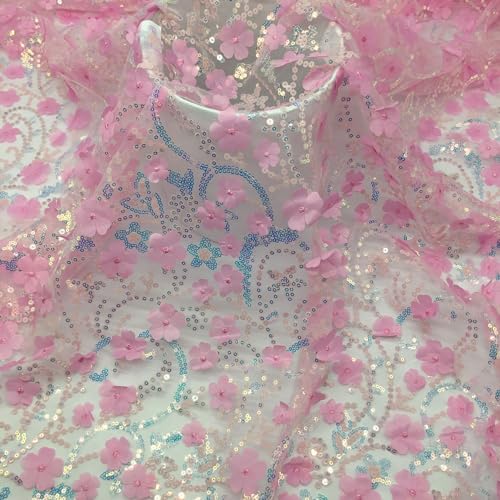 130cm x 1 Yard Pailletten-Stoff Meterware Sparkly Stoff glitzernder Stoff 3D-Pailletten-Blumen Glitzer Garn Tüll Deko Stoffe Glitzertüllstoff für DIY Kleidung Hochzeit Kleid Dekoration-Rosa von SYSUII