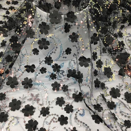 130cm x 1 Yard Pailletten-Stoff Meterware Sparkly Stoff glitzernder Stoff 3D-Pailletten-Blumen Glitzer Garn Tüll Deko Stoffe Glitzertüllstoff für DIY Kleidung Hochzeit Kleid Dekoration-Schwarz von SYSUII