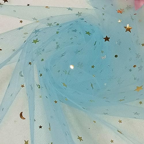 150cm* 1 Yard Tüllstoff,Tüll Deko Stoffe mit Stern Mond Dekostoff Kostümstoff zum Nähen Glanz Glitzer Tüllstoff Für DIY handgemachte Kleidung Dekoration Gardine Vorhänge Tischdecken Deko -Blau von SYSUII