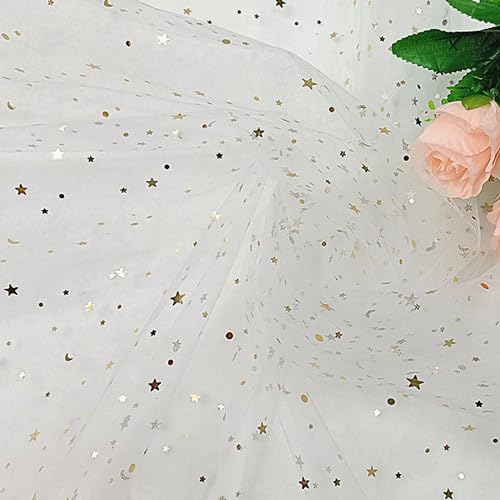 150cm* 3 Yard Tüllstoff,Tüll Deko Stoffe mit Stern Mond Dekostoff Kostümstoff zum Nähen Glanz Glitzer Tüllstoff Für DIY handgemachte Kleidung Dekoration Gardine Vorhänge Tischdecken Deko -Weiße von SYSUII