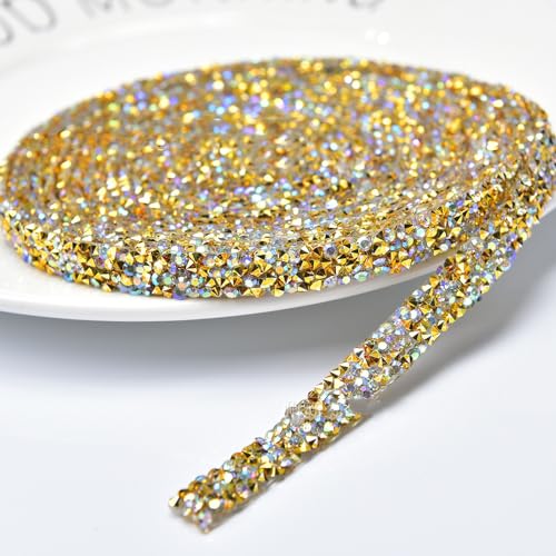 5 Yard * 1.5cm Kristall Strass Band Diamant Strass Band Bling Bänder Rolle Bling Strassband Harz Strass Aufkleber für Hochzeit Dekoration DIY Kunsthandwerk Auto Telefon Dekoration -Bunt Gold von SYSUII