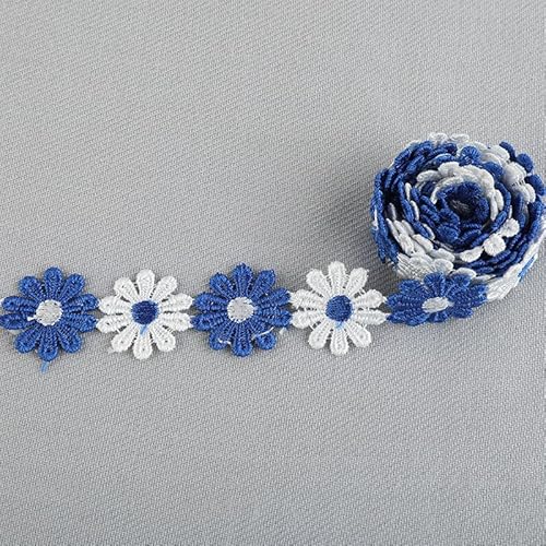 5 Yard 25mm Blumen Spitzenborte Stickerei Dekoband Zierband Borten Bänder Blumenband Geschenkband Dekoband Gänseblümchen Dekoband für DIY Nähen Deko Basteln Hochzeit Party Home Deko-weiß+dunkelblau von SYSUII