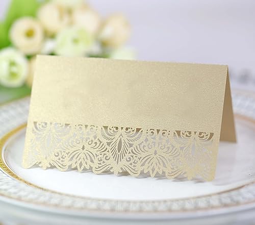 50 Pcs Tischkarten Hochzeite,Platzkarten Namensschilder Namenskarten Spitze Blanko Namenskärtchen Perlglanzpapier-Platzkarten Hohle Sitznummernkarten für Hochzeiten, Partys, Bankette-Gold von SYSUII