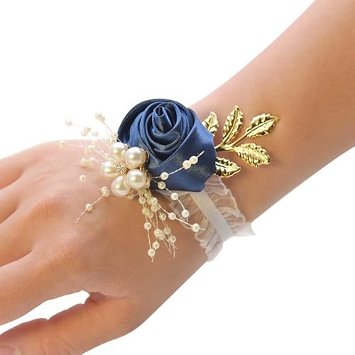 Hochzeit Handgelenk Blumen,Blumenarmband Hand Rose Blumen Perle Armband Hochzeit Blumen Handgelenk Corsage Armreif für Frauen Mädchen Geschenk Braut Brautjungfer Weihnachten Prom Party -Dunkelblau von SYSUII