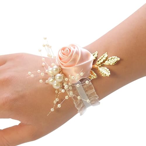 Hochzeit Handgelenk Blumen,Blumenarmband Hand Rose Blumen Perle Armband Hochzeit Blumen Handgelenk Corsage Armreif für Frauen Mädchen Geschenk Braut Brautjungfer Weihnachten Prom Party -Helles Rosa von SYSUII