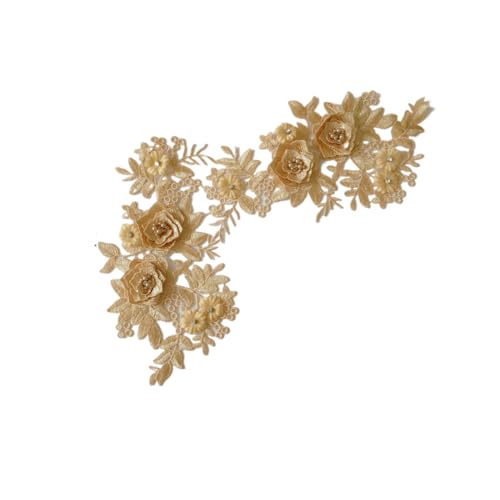 SYSUII 1 Paar 3D Stickerei Perlen Spitze Applikation Blumen Strass Spitzenstoff Bestickte Perlen Blumenapplikation Aufnäher für DIY Ausschnitt Hochzeit Brautkleid Kleidung Dekoration-Gelb von SYSUII