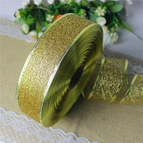 SYSUII 1 Rollen Weihnachts Netzband, 5cm x 10m Geschenkband mit Draht Weihnachtenband Schleifenband Drahtband Glitzer Dekoband für Weihnachtsbaum Kranz DIY Kunsthandwerk Geschenkverpackung -Gold von SYSUII