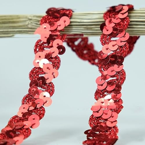 SYSUII 1.8cm * 12m Glänzend Geflochten Zierband Paillettenband Paillettenschnur Flache Glitzerband Borten Pailletten Bänder Paillettenrolle für Nähen,Schmuck Machen,Basteln, Kleid Dekorieren-Rot von SYSUII